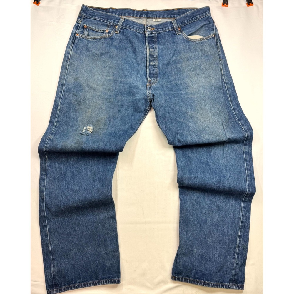 Levi's 501 Jeans Mens Size 42x32 Blue Denim Distressed Straight Leg Button Fly‎